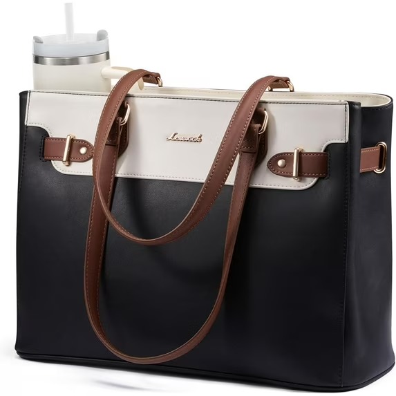 Waterproof Leather Teacher Tote Bag Black-Beige-Brown